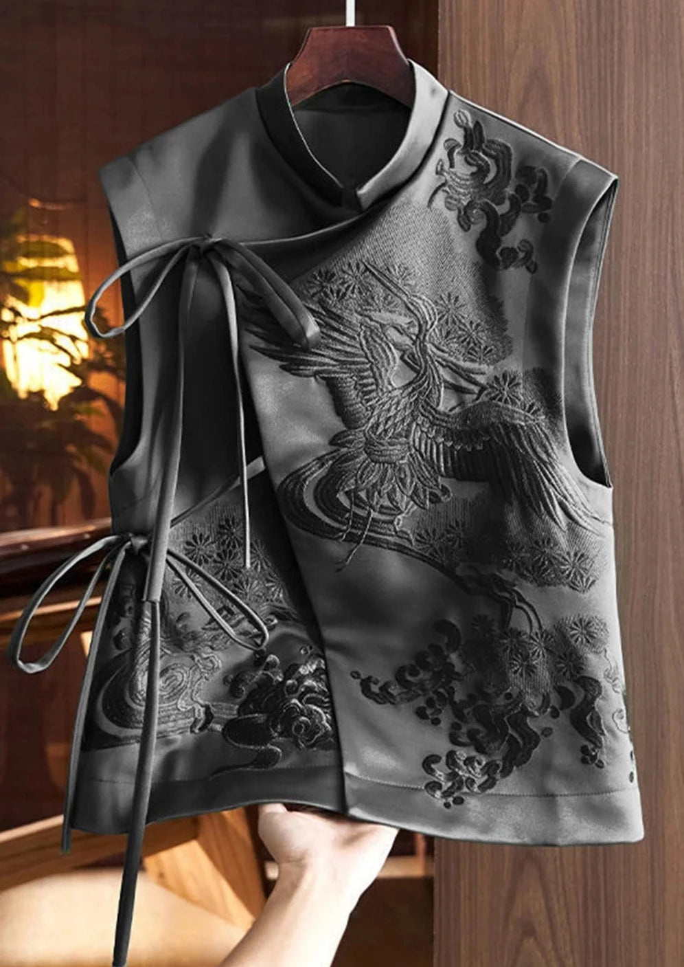 Women's pea coats with brass buttons for a nautical - inspired styleElegant Plain Tie Front Mock Neck Embroidery Waistcoat
