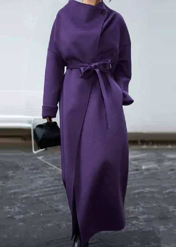 Women's knee - length wool blend coats with a fur collar for added warmthElegant Purple Pockets Tie Waist Patchwork Woolen Coat Winter