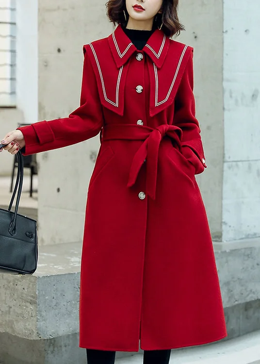 Long women's mac coats in a lightweight fabric for spring showersElegant Red Button Pockets Tie Waist Woolen Coats Winter