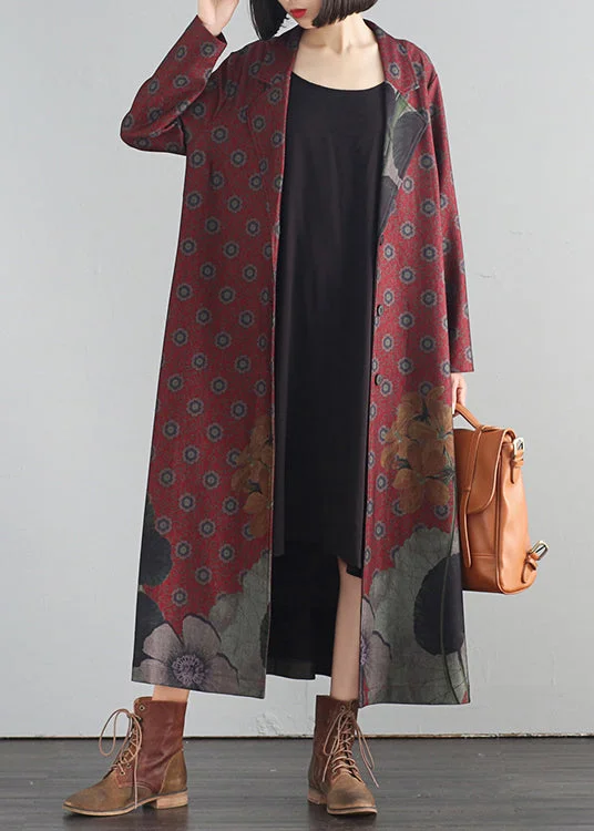 Oversized women's wool coats in a monochromatic look for a trendy outfitElegant Red V Neck Print Button Maxi Trench Coats Fall