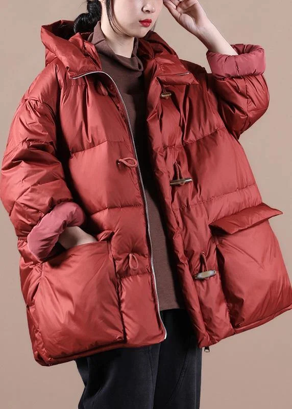 Mid - length women's down coats in a slim fit for a modern and sleek appearanceElegant Red Warm Winter Coat Loose Fitting Womens Parka Hooded Pockets Warm Overcoat