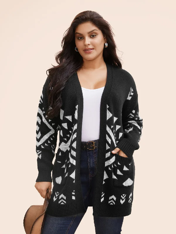 plus size women cardigan for comfortable layeringGeometric Pattern Pockets Long Cardigan