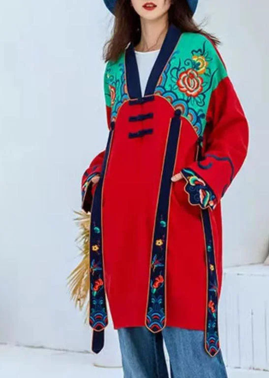Women's long - sleeve wool coats in a houndstooth pattern for a classic charmEthnic Style Red V Neck Embroideried Patchwork trench Coats Long Sleeve Women's long - sleeve wool coats in a houndstooth pattern for a classic charmEthnic Style Red V Neck Embroideried Patchwork trench Coats Long Sleeve