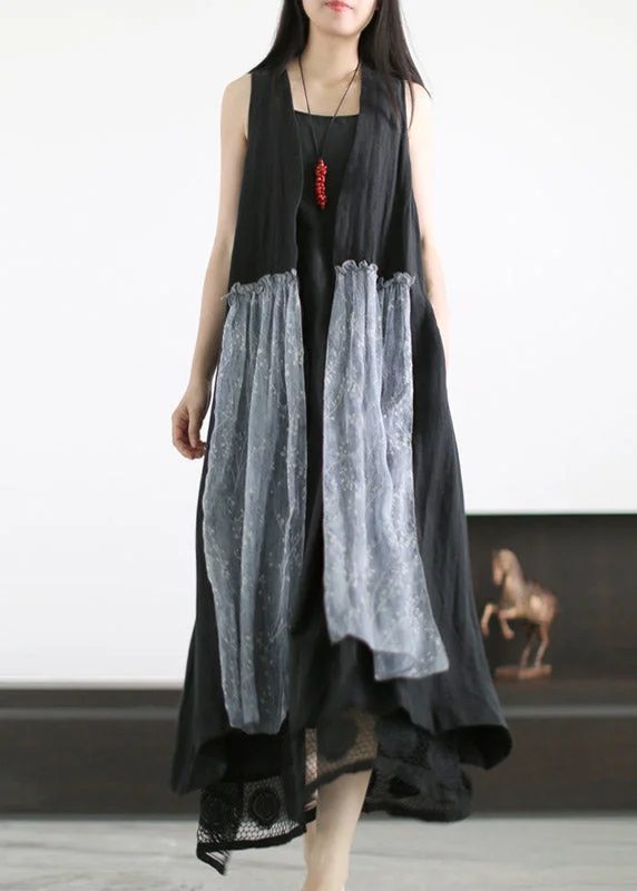 Women's pea coats with brass buttons for a nautical - inspired styleFashion Black Print Silk Patchwork Linen Waistcoat And Spaghetti Strap Dress Two Piece Set Summer Women's pea coats with brass buttons for a nautical - inspired styleFashion Black Print Silk Patchwork Linen Waistcoat And Spaghetti Strap Dress Two Piece Set Summer