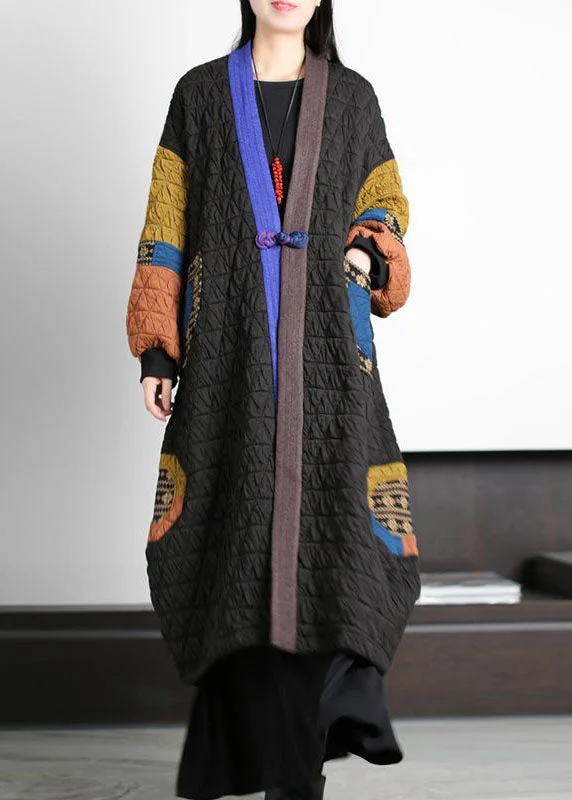 Long women's mac coats in a lightweight fabric for spring showersFashion Black V Neck Patchwork Oriental Button Fine Cotton Filled Long Coats Winter