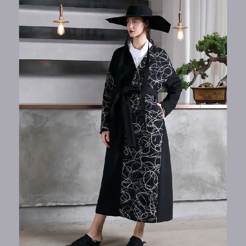 Women's long - sleeve wool coats in a houndstooth pattern for a classic charmFashion black woolen oversized long coat V neck embroidery outwear patchwork tie waist coats