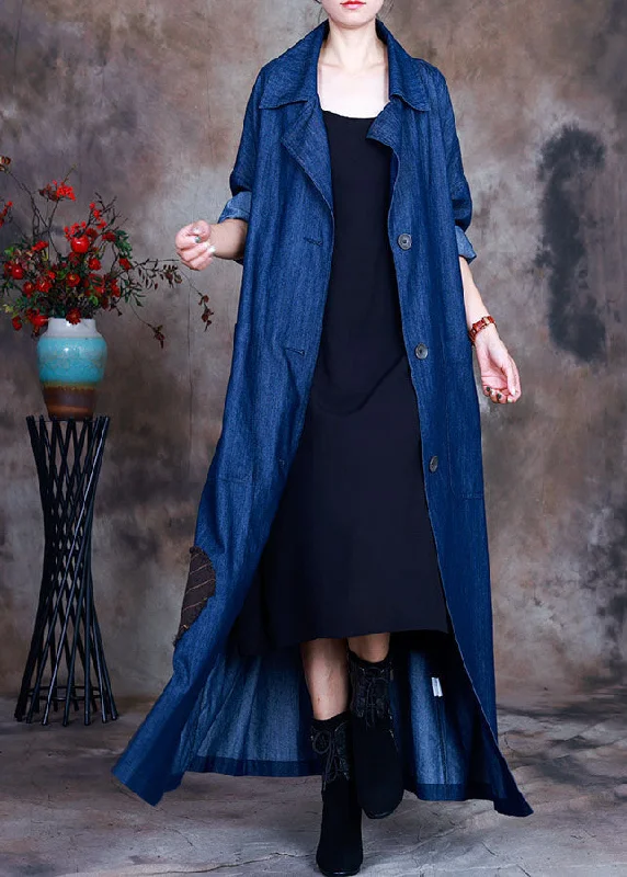 Women's pea coats with brass buttons for a nautical - inspired styleFashion Blue button tie waist Peter Pan Collar Cotton denim trench coats Spring