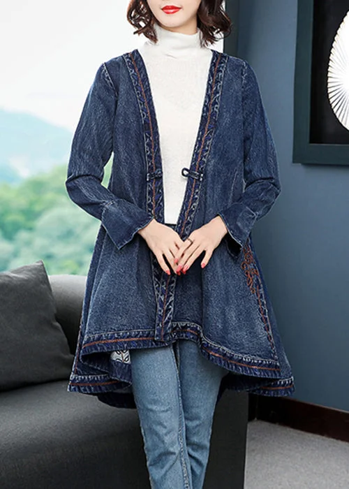 Women's reversible down coats with two - tone designs for versatile stylingFashion Blue low high design V Neck Embroideried Cotton Denim trench coats Long Sleeve