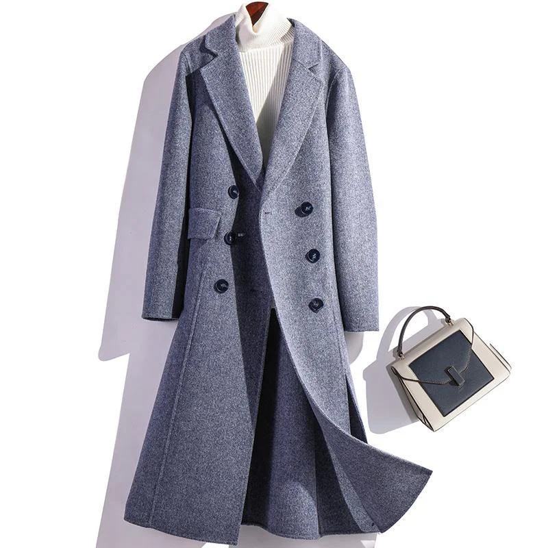 Shearling - lined women's leather coats for ultimate warmth and luxuryFashion Blue Wool Coat For Woman Loose Fitting Medium Length Jackets Fall Jacket Double Breast Shearling - lined women's leather coats for ultimate warmth and luxuryFashion Blue Wool Coat For Woman Loose Fitting Medium Length Jackets Fall Jacket Double Breast