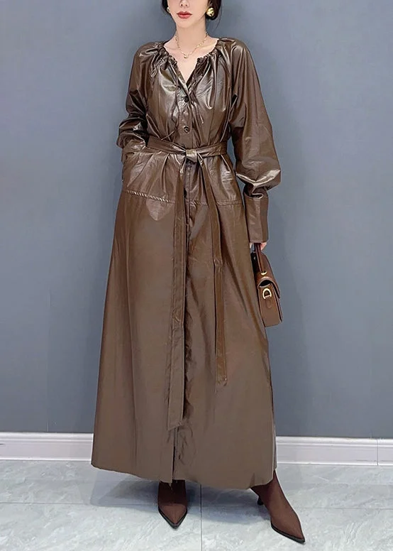 Belted women's cashmere coats in soft pastels for a luxurious feelFashion Coffee Drawstring Tie Waist Faux Leather Long Trench Coat Fall Belted women's cashmere coats in soft pastels for a luxurious feelFashion Coffee Drawstring Tie Waist Faux Leather Long Trench Coat Fall