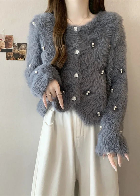 Women's cropped leather coats with silver studs for an edgy lookFashion Grey O Neck Nail Bead Mink Hair Knitted Coat Fall