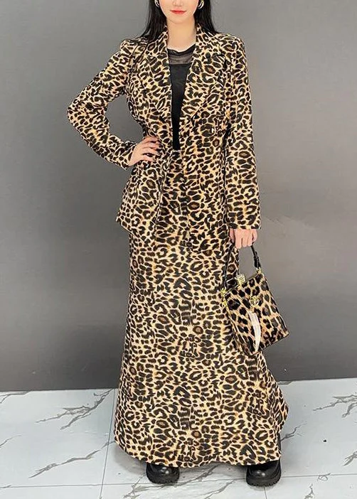 Women's pea coats with brass buttons for a nautical - inspired styleFashion Leopard Coat And Skirts Two Pieces Set Fall