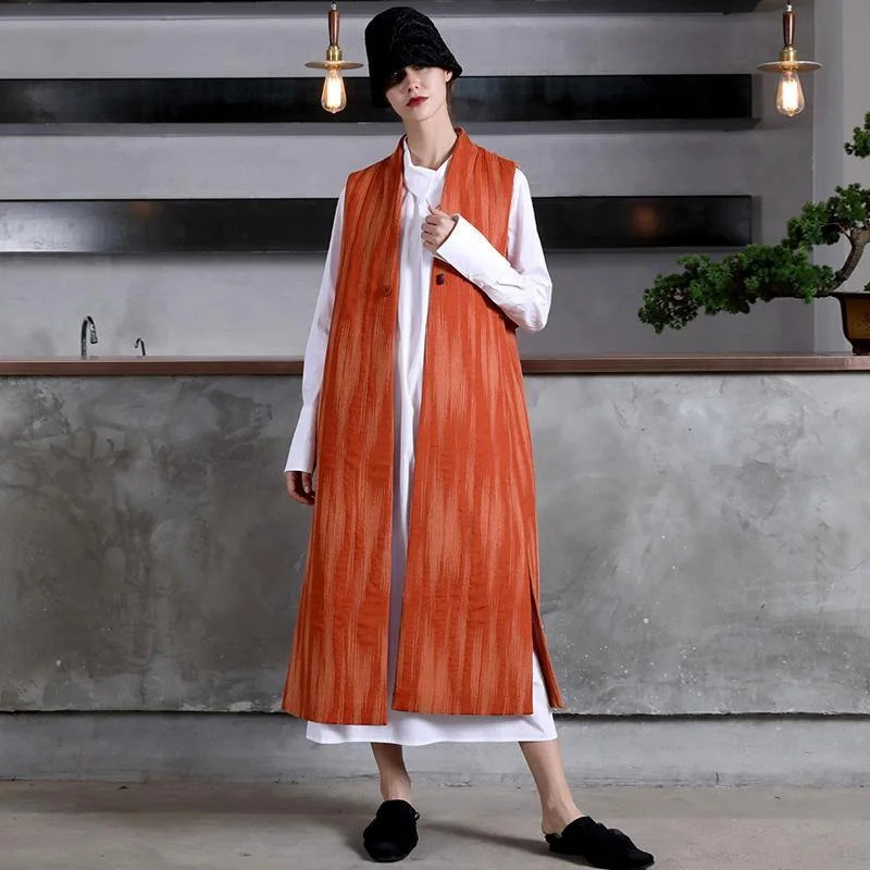 Mid - length women's down coats in a slim fit for a modern and sleek appearanceFashion orange wool coat for woman Loose fitting Coats V neck embroider Sleeveless long coat Mid - length women's down coats in a slim fit for a modern and sleek appearanceFashion orange wool coat for woman Loose fitting Coats V neck embroider Sleeveless long coat