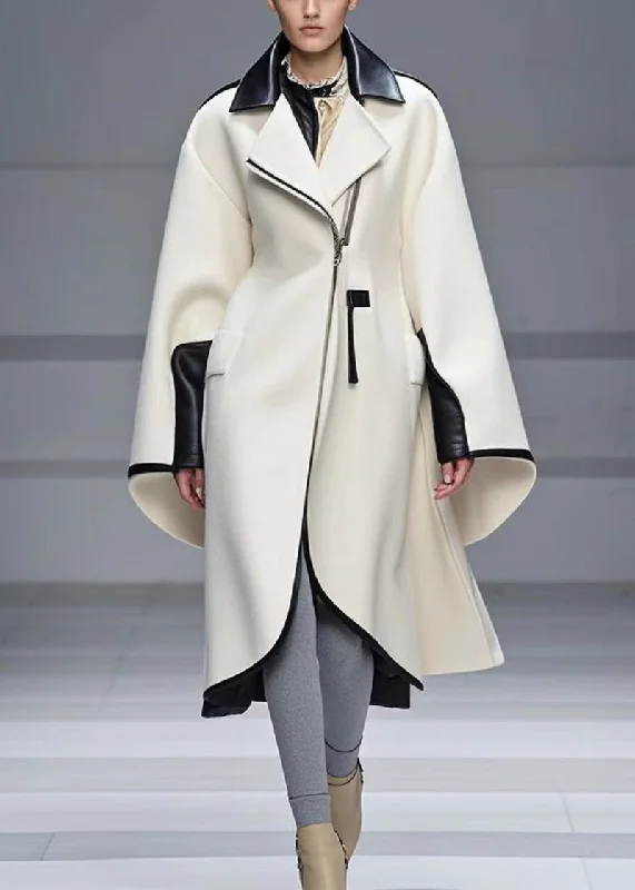 Plus size women's wool blend coats for a warm and stylish winterFashion White Zip Up Patchwork Woolen Trench Coat Fall Plus size women's wool blend coats for a warm and stylish winterFashion White Zip Up Patchwork Woolen Trench Coat Fall