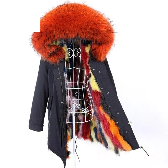 Oversized women's wool coats in a monochromatic look for a trendy outfitFashion Women's Raccoon Fur Collared Warm Jacket with Removable Fur Lining