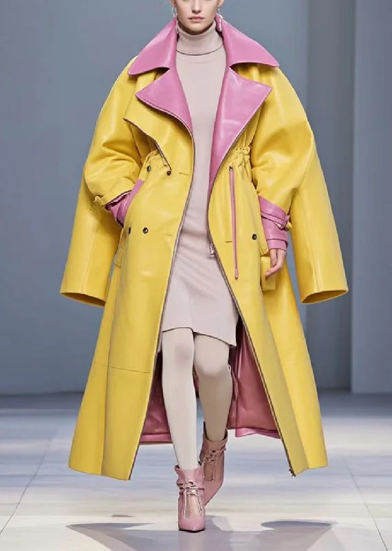 Embroidered women's cotton coats in a bohemian pattern for a unique designFashion Yellow Cinched Patchwork Faux Leather Coat Fall