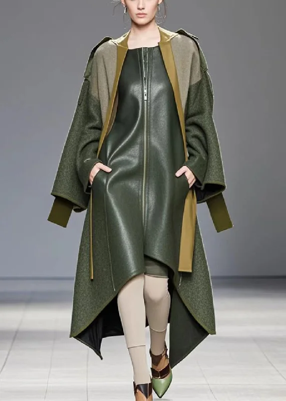 Women's cropped leather coats with silver studs for an edgy lookFine Army Green Asymmetrical Patchwork Faux Leather Fake Two Piece Coat Fall
