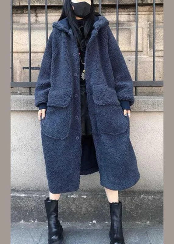 Checkered women's wool coats in a classic pattern for a timeless styleFine Blue hooded Loose Casual Winter Long sleeve Trench Coats