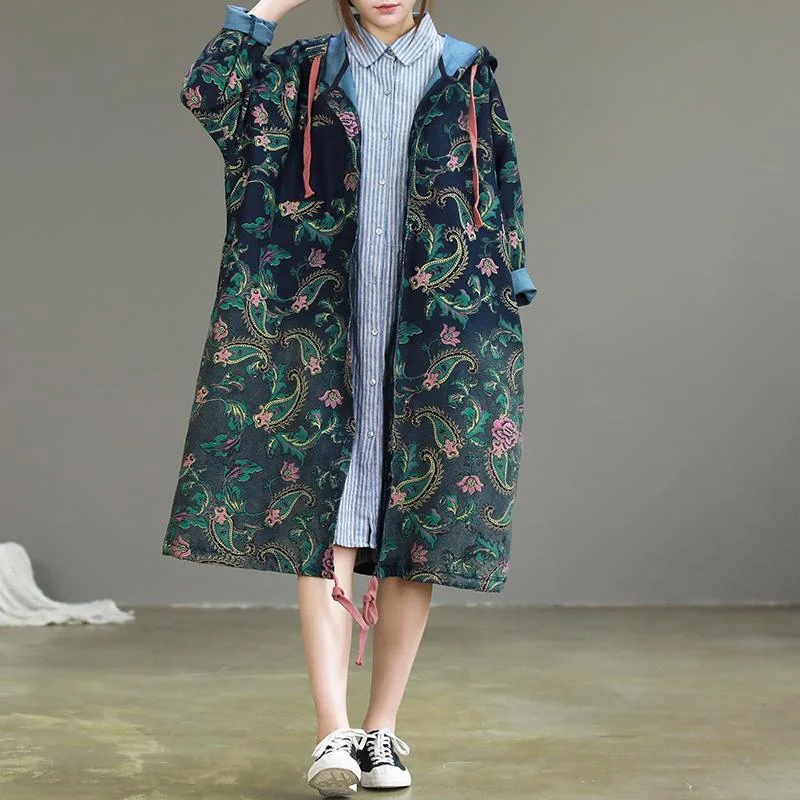 Plus size women's wool blend coats for a warm and stylish winterFine blue print overcoat Loose fitting spring hooded drawstring coats Plus size women's wool blend coats for a warm and stylish winterFine blue print overcoat Loose fitting spring hooded drawstring coats