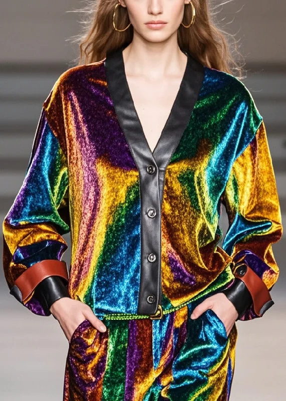 Women's longline double - breasted camel coats for a sophisticated lookFine Multicolour V Neck Patchwork Silk Velour Coats Fall