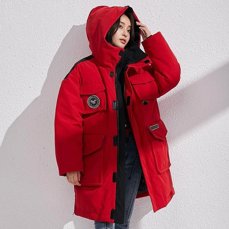 Women's waterproof parka coats with multiple pockets for practicalityFine red down coat winter casual hooded snow jackets big pockets overcoat Women's waterproof parka coats with multiple pockets for practicalityFine red down coat winter casual hooded snow jackets big pockets overcoat
