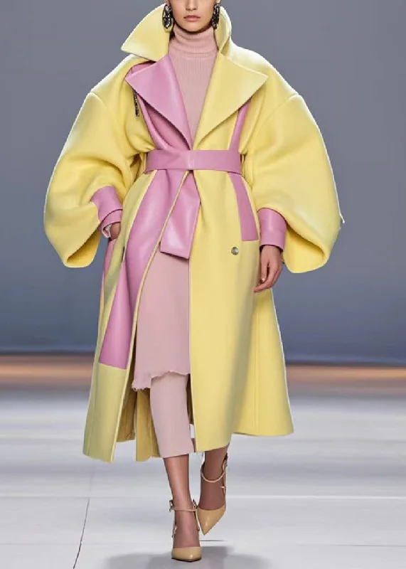 Oversized women's wool coats in a monochromatic look for a trendy outfitFine Yellow Oversized Patchwork Woolen Coat Puff Sleeve