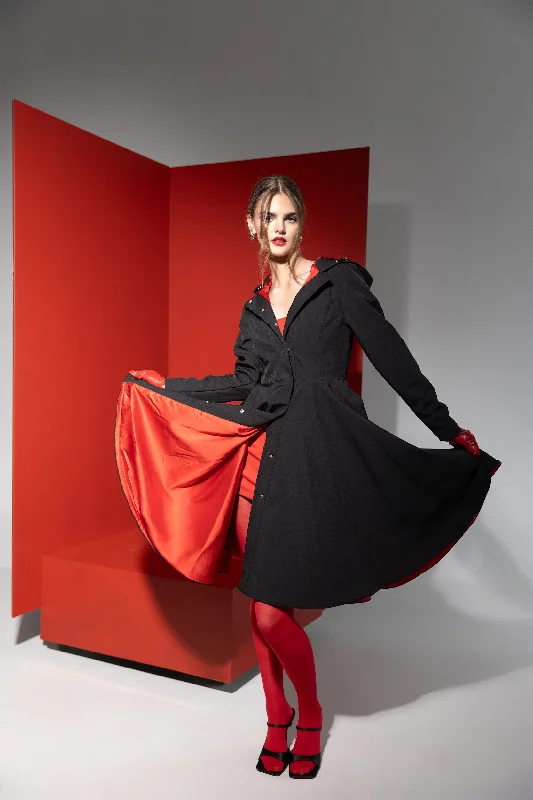 Women's knee - length wool blend coats with a fur collar for added warmthFit and Flare Coat with Full Circle skirt in Black and Red | 'Raven Red' Women's knee - length wool blend coats with a fur collar for added warmthFit and Flare Coat with Full Circle skirt in Black and Red | 'Raven Red'