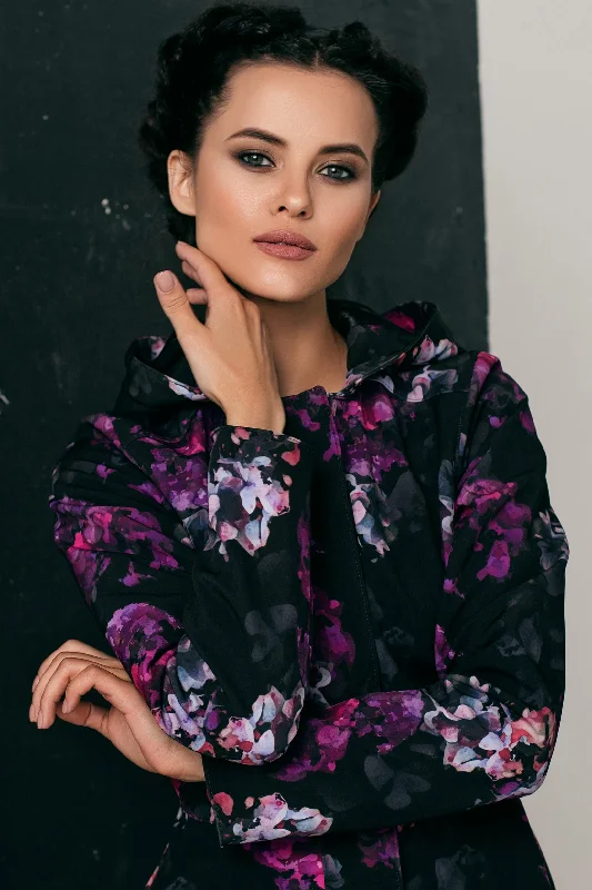 Women's pea coats with brass buttons for a nautical - inspired styleFitted and Flared Coat with A-Line Skirt in Black and Purple | 'Hortense' Women's pea coats with brass buttons for a nautical - inspired styleFitted and Flared Coat with A-Line Skirt in Black and Purple | 'Hortense'