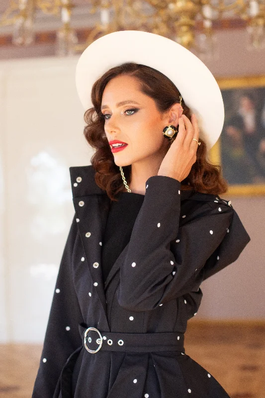 Shearling - lined women's leather coats for ultimate warmth and luxuryFitted and Flared Coat with A-Line Skirt in Black | 'Timeless Polka Dots' Shearling - lined women's leather coats for ultimate warmth and luxuryFitted and Flared Coat with A-Line Skirt in Black | 'Timeless Polka Dots'