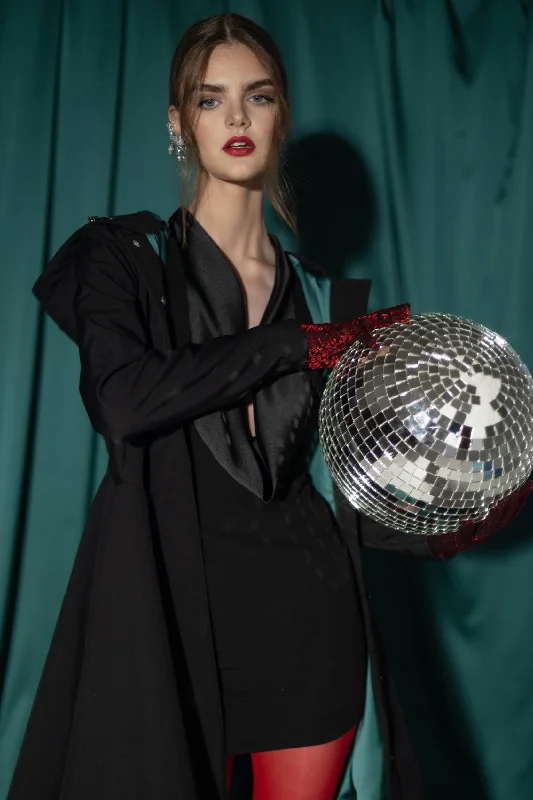 Women's cropped leather coats with silver studs for an edgy lookFitted and Flared Coat with Full Circle Skirt in Black with Emerald Green | 'Deep Emerald' Women's cropped leather coats with silver studs for an edgy lookFitted and Flared Coat with Full Circle Skirt in Black with Emerald Green | 'Deep Emerald'