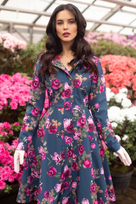 Women's long - sleeve wool coats in a houndstooth pattern for a classic charmFitted and Flared Coat with Pleated Back in Blue and Pink | 'Misty Rose' Women's long - sleeve wool coats in a houndstooth pattern for a classic charmFitted and Flared Coat with Pleated Back in Blue and Pink | 'Misty Rose'