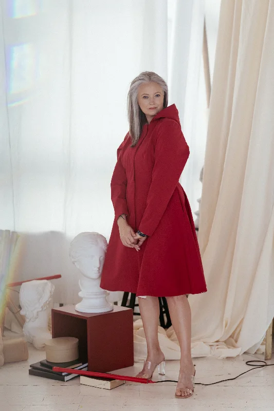 Women's reversible down coats with two - tone designs for versatile stylingFitted and Flared Coat with Pleated Back in Deep Red | 'Scarlet Red' Women's reversible down coats with two - tone designs for versatile stylingFitted and Flared Coat with Pleated Back in Deep Red | 'Scarlet Red'