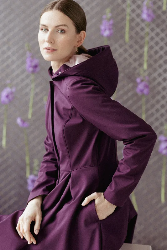 Women's waterproof parka coats with multiple pockets for practicalityFitted and Flared Coat with Pleated Skirts in Dark Purple | 'Ruby Purple' Women's waterproof parka coats with multiple pockets for practicalityFitted and Flared Coat with Pleated Skirts in Dark Purple | 'Ruby Purple'