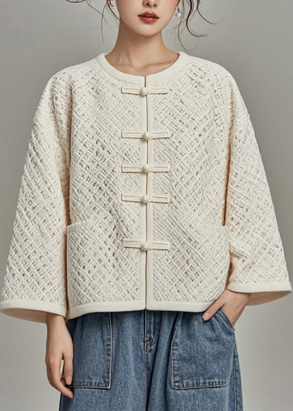 Belted women's cashmere coats in soft pastels for a luxurious feelFitted Beige O-Neck Hollow Out Fall Coat