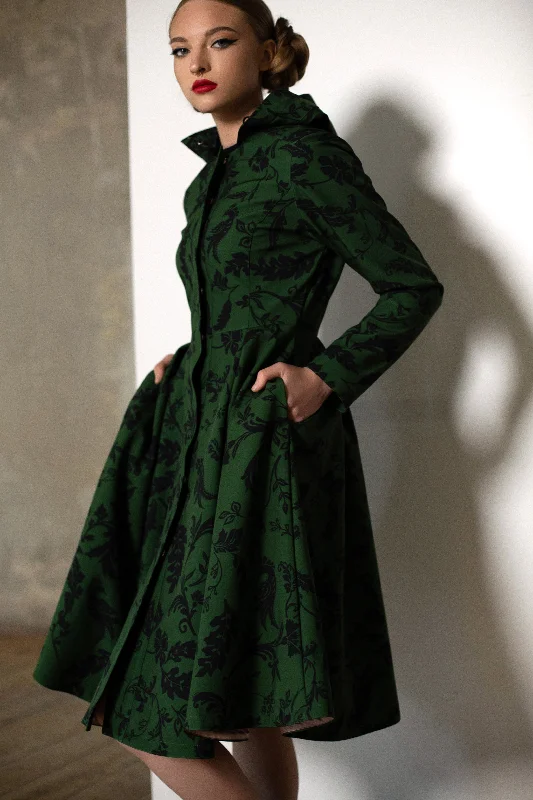 Women's long - sleeve wool coats in a houndstooth pattern for a classic charmFitted Coat with Pleated Flared Skirt in Green and Black | 'Forest Flower' Women's long - sleeve wool coats in a houndstooth pattern for a classic charmFitted Coat with Pleated Flared Skirt in Green and Black | 'Forest Flower'