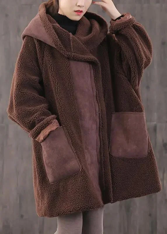 Women's pea coats with brass buttons for a nautical - inspired styleFitted Coffee zippered Pockets Loose Thick Winter Long sleeve Hooded Coat