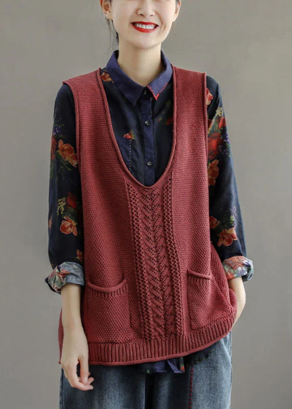 Women's long - sleeve wool coats in a houndstooth pattern for a classic charmFitted Mulberry V Neck Hollow Out Pockets Fall Knit Sleeveless Waistcoat Women's long - sleeve wool coats in a houndstooth pattern for a classic charmFitted Mulberry V Neck Hollow Out Pockets Fall Knit Sleeveless Waistcoat