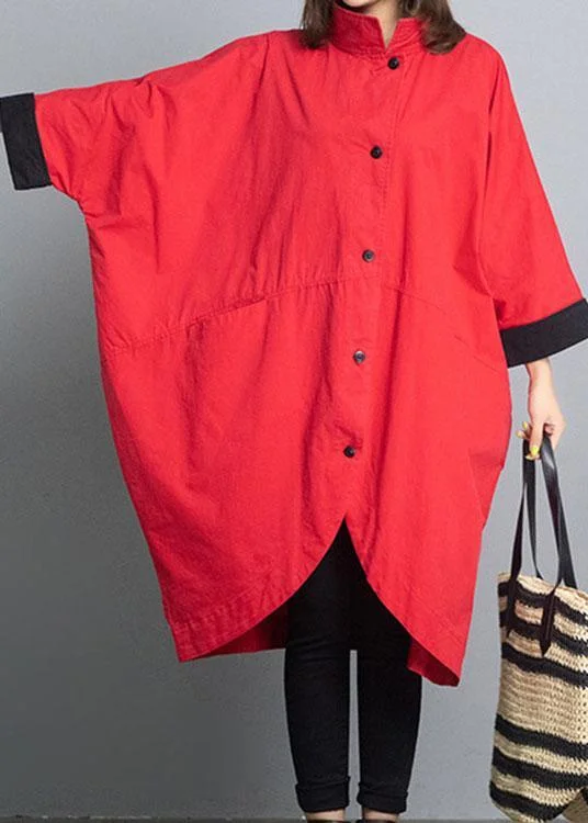 Mid - length women's down coats in a slim fit for a modern and sleek appearanceFitted Red Loose Bat wing Sleeve Turtleneck Fall trench coats