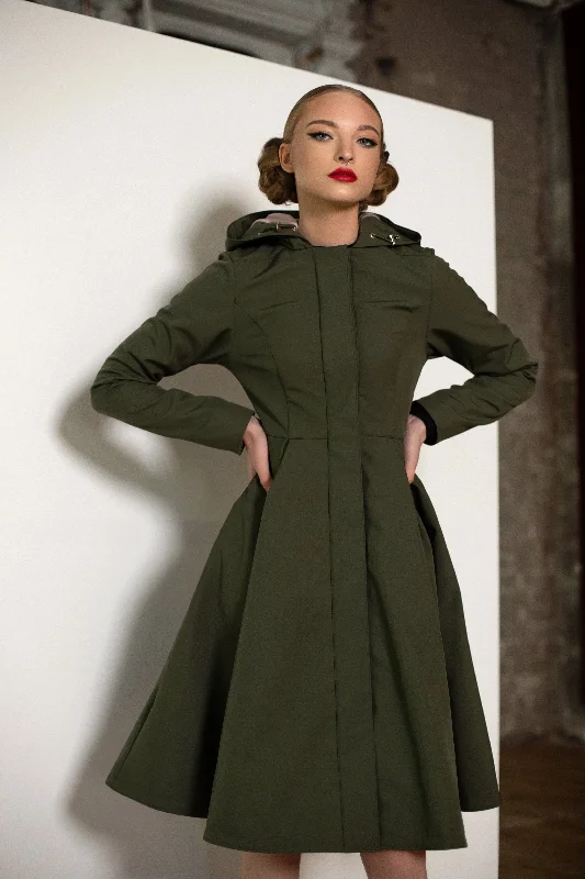 Embroidered women's cotton coats in a bohemian pattern for a unique designFitted Coat with Pleated Skirt in Khaki Green | 'Moss Green' Embroidered women's cotton coats in a bohemian pattern for a unique designFitted Coat with Pleated Skirt in Khaki Green | 'Moss Green'