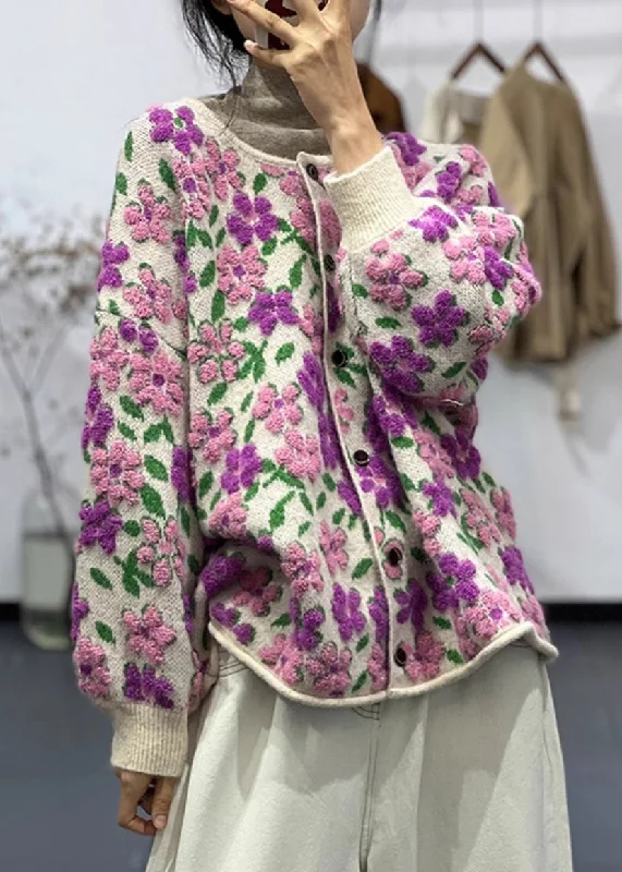 Women's reversible down coats with two - tone designs for versatile stylingFloral Light Purple O Neck Button Cotton Knit Coat Long Sleeve