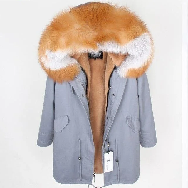 Women's longline double - breasted camel coats for a sophisticated lookFox Fur Leather Large Hooded Women's Long Detachable Lining Coats & Jackets