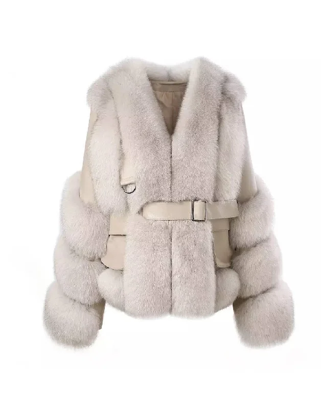 Women's waterproof parka coats with multiple pockets for practicalityFox Fur Leather Trimmed Belted Coat Women's waterproof parka coats with multiple pockets for practicalityFox Fur Leather Trimmed Belted Coat