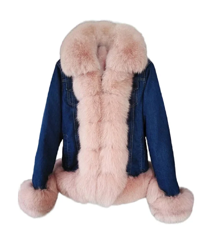Quilted down women's coats with removable hoods for outdoor activitiesFox Fur Trimmed Parka Denim Coat With Rabbit Fur Lining In Pink