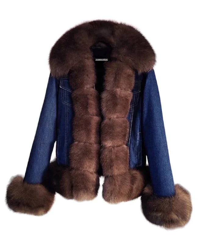 Long women's mac coats in a lightweight fabric for spring showersFox Fur Trimmed Parka Denim Coat With Rabbit Fur Lining In Brown