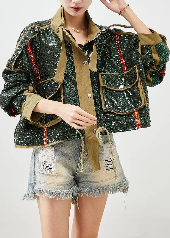 Women's faux fur coats in bright colors for a bold fashion statementFrench Army Green Sequins Oversized Drawstring Jacket Fall Women's faux fur coats in bright colors for a bold fashion statementFrench Army Green Sequins Oversized Drawstring Jacket Fall