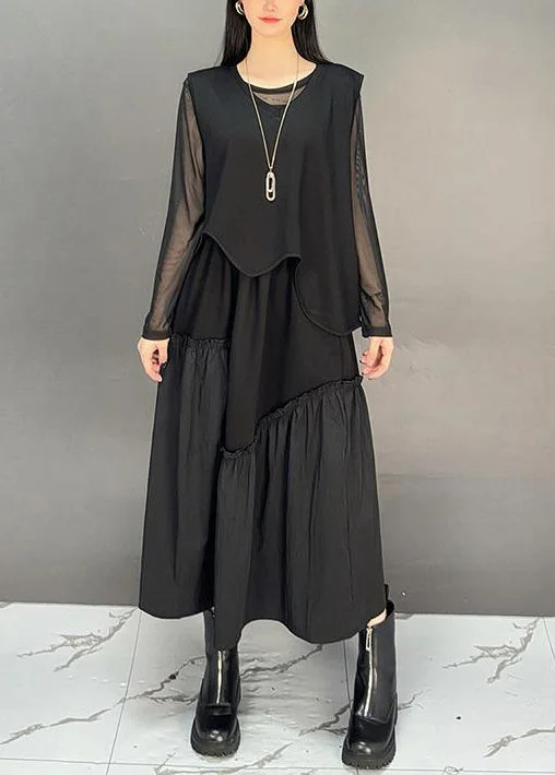 Women's cropped leather coats with silver studs for an edgy lookFrench Black Asymmetrical Ruffled Waistcoat And Skirts Two-Piece Set Sleeveless