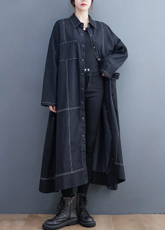 Women's faux fur coats in bright colors for a bold fashion statementFrench Black Button Pockets Denim Long Trench Coat Fall Women's faux fur coats in bright colors for a bold fashion statementFrench Black Button Pockets Denim Long Trench Coat Fall