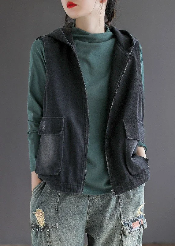 Women's long - sleeve wool coats in a houndstooth pattern for a classic charmFrench Black Denim hooded Patchwork Fall Waistcoat Sleeveless Women's long - sleeve wool coats in a houndstooth pattern for a classic charmFrench Black Denim hooded Patchwork Fall Waistcoat Sleeveless