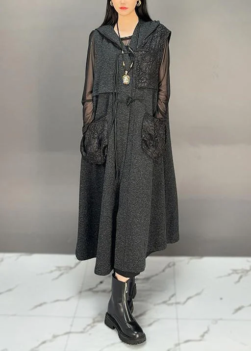 Water - resistant women's trench coats with adjustable cuffs for rainy daysFrench Black Hooded Button Pockets Woolen Long Waistcoat Sleeveless