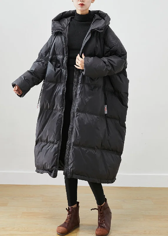 Water - resistant women's trench coats with adjustable cuffs for rainy daysFrench Black Oversized Drawstring Duck Down Jacket In Winter